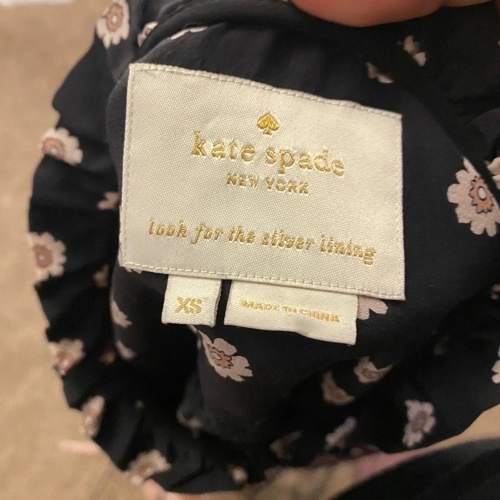 Kate Spade Ditsy Floral Pintuck Pleats Daisy Crochet Trim Popover Silk Black XS